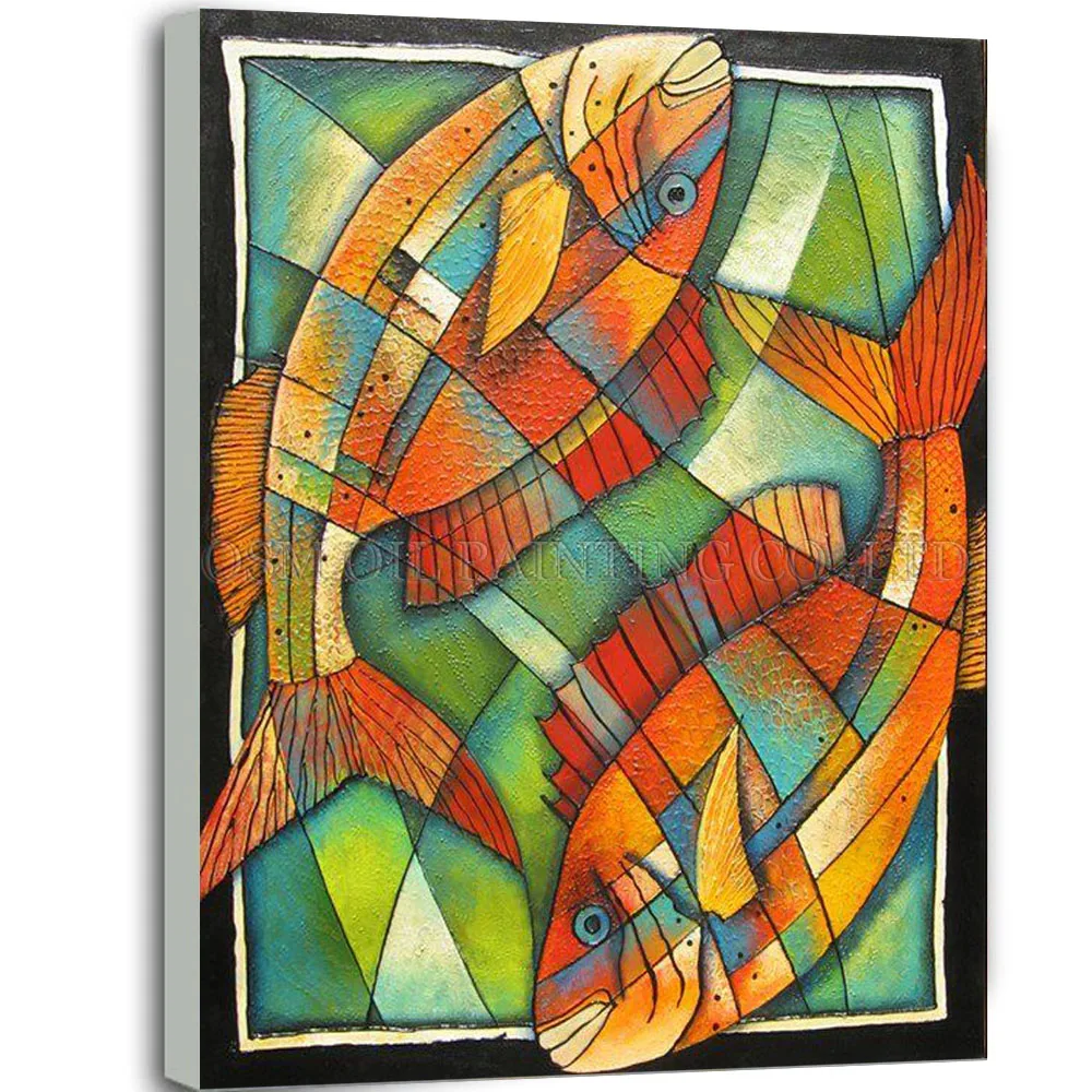 

Fashion Design Artist Handmade Double Fishes Oil Painting on Canvas Abstract Fish Canvas Painting for Living Room Decoration