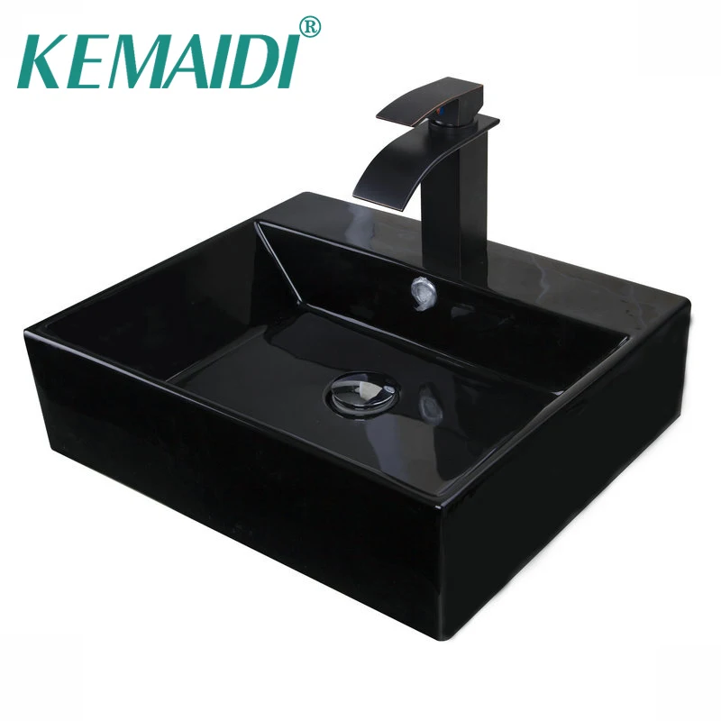 

KEMAIDI Modern Rectangular Bathroom Shampoo Black Ceramic Round Countertop Bowl Sinks Vessel Basins Pop Up Drain Bathroom Sinks