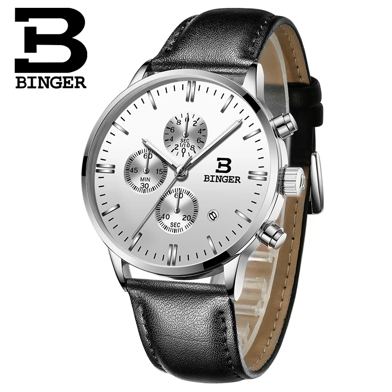 Genuine BINGER Quartz Male Watches Genuine Leather Watches Racing Men Students Game Run Chronograph Watch Male Glow Hands 2017