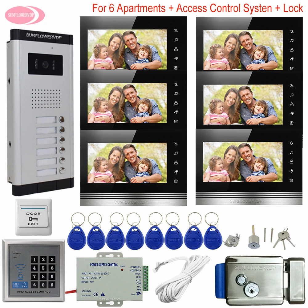 Video Door Entry System for Home Access Control Video Intercom 6 8 10 12 Apartments 7“ Color Video Door + Electronic Door Lock