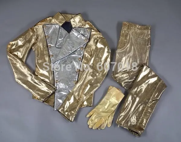 MJ  Michael Jackson History BAD Golden Spandex Double Breasted Woven Jacket Pants Gloves Full Set Performance Gift