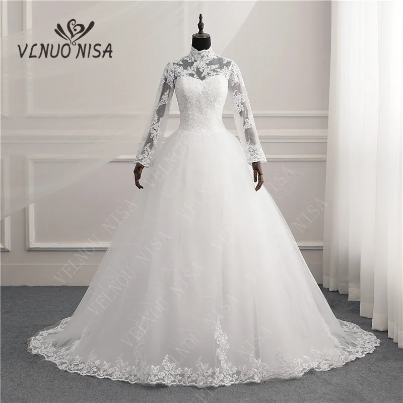 Dostosowane suknie ślubne na szyję Plus Size z długim rękawem Vestido De Novias pociąg koronkowe aplikacje Illusion suknia ślubna na zamek błyskawiczny