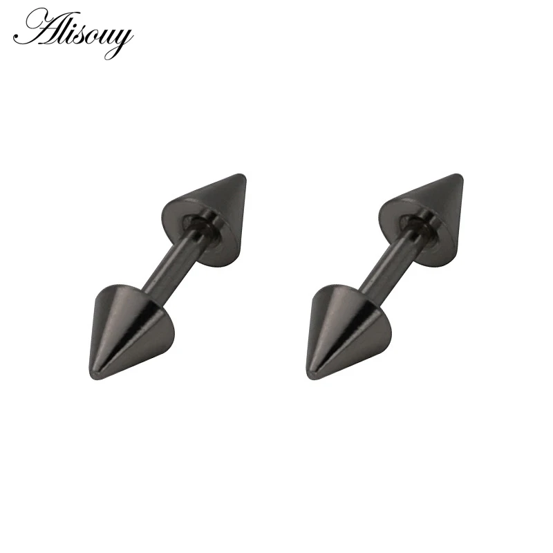 Alisouy Hot 2 Pcs Unisex Punk Rock Personality Stainless Steel Spike Rivet Sharp Cone Taper Mem Women Stud Earrings 3 Colors