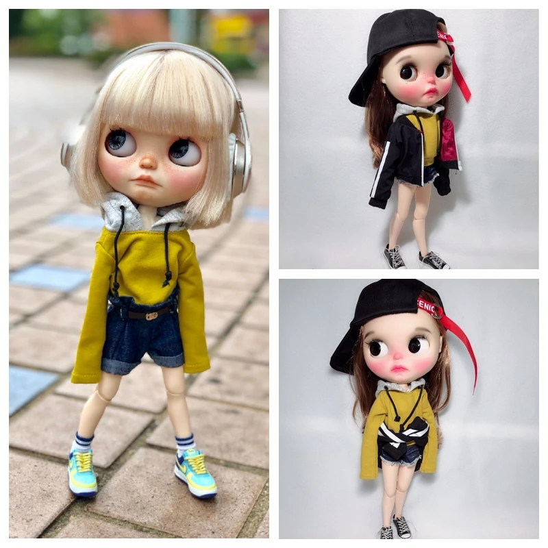 

1PCS Black Sport Jacket Coat Yellow Hoodie Denim Short Pants for Blyth ,Ob24 Dolls Clothing Stitching Fleece