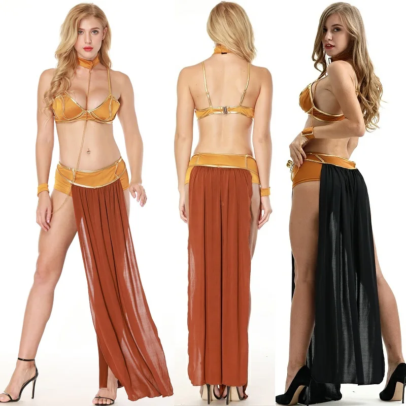 New Sexy Carnival Cosplay Princess Leia Slave Costume Dress Gold Bra and Neckchain Egyptian goddess costume M L XL XXX