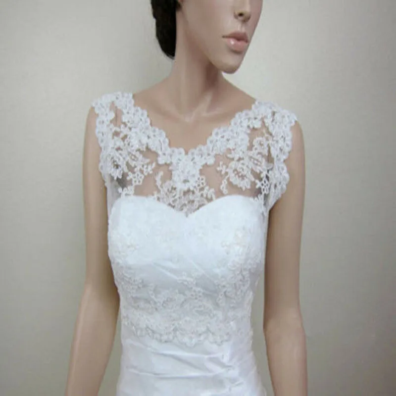 

Simple Real Image Lace Applique Wedding Jackets Bridal Bolero White Ivory V Back Wrap Top Sleeveless V Neck Custom Jacket