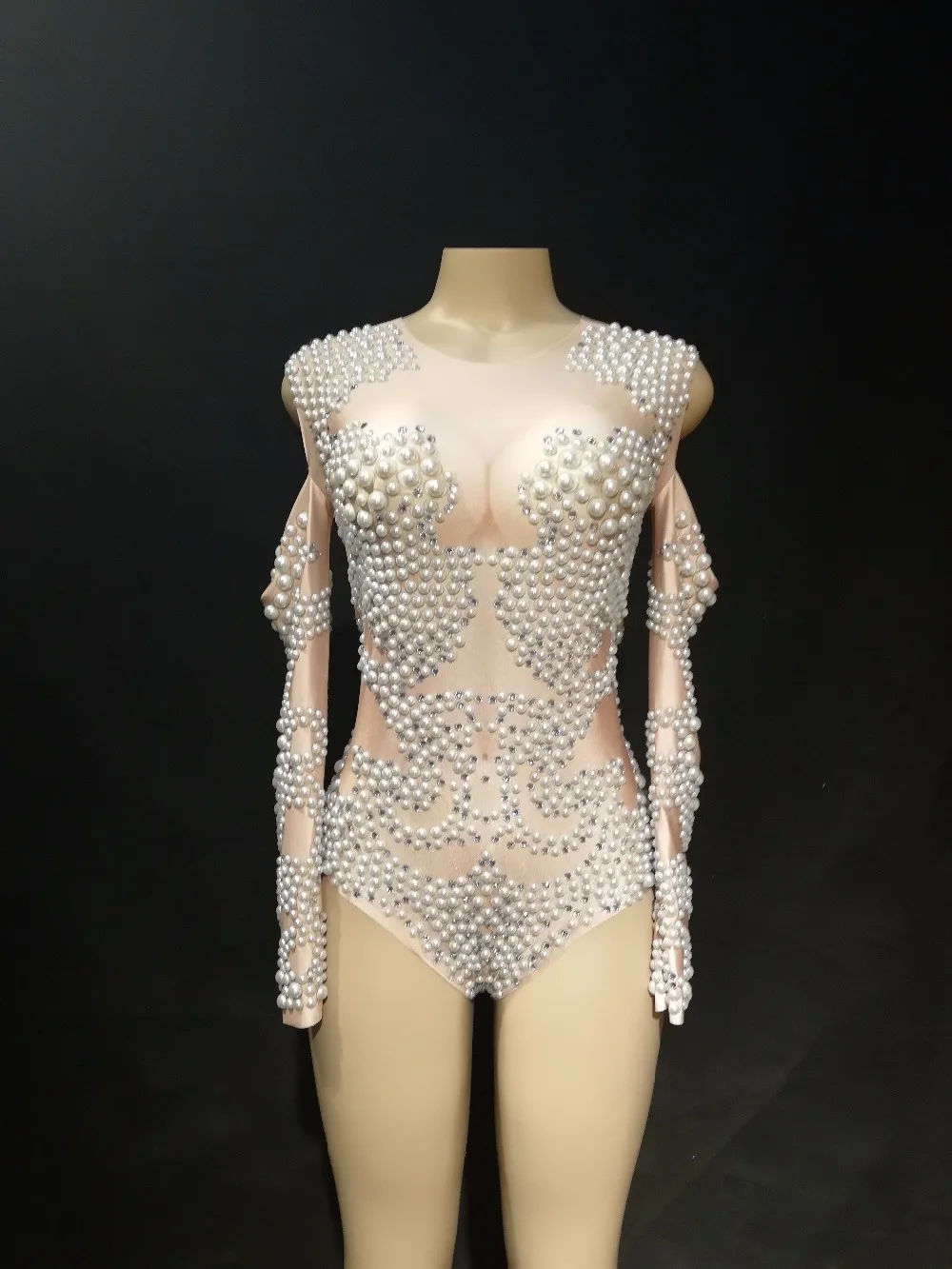 

2020 Women New Shiny Pearls Sexy Jumpsuit Nightclub Wedding Birthday Party Stage Wear Dancer Bling Dance Costumes Bodysuit