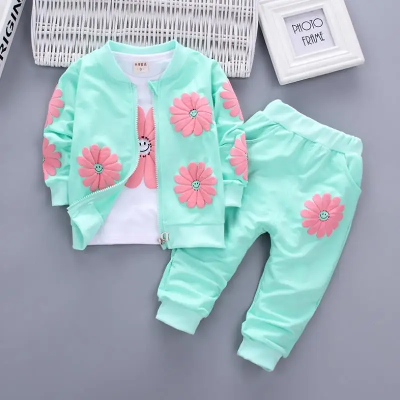 2024 Children\'s Spring Autumn Set  Girls Long Sleeve Fashion Printed Zipper Coat +T-shirt+Pants Set Three Piece Infant Set 0-4Y