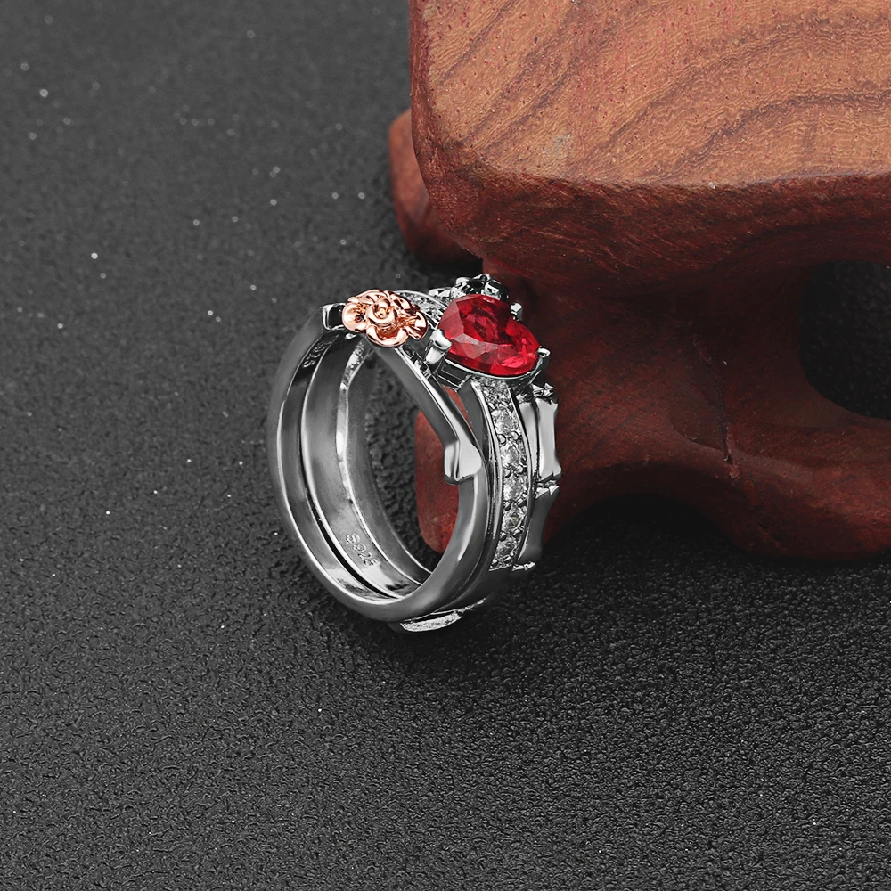Gothic Skull Finger Silver Color Wedding Rings Set for Women Girl Red Heart Crystal CZ Rose Flower Trendy Jewelry Gift Rings