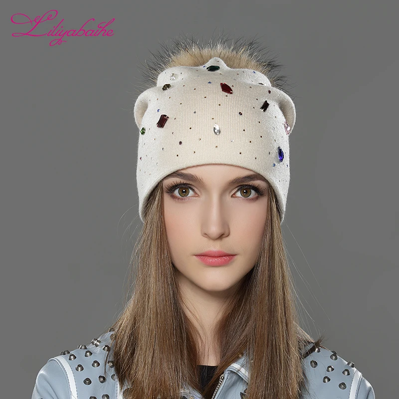 

LILIYABAIHE Women Winter Hat wool Knitted Beanies Cap Real Raccoon Fur Pom Pom Hats Classic color diamond decoration decoration