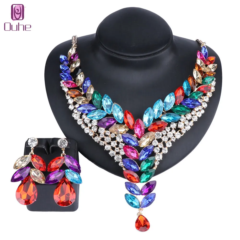 Women\'s Wedding Bridal Bridesmaid Rhinestone Crystal Statement Necklace Earrings Party Costume Jewelry Set