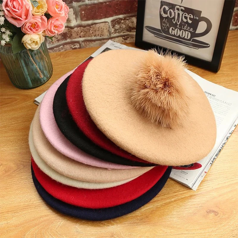 VISROVER new beret hat female winter knitted wool cap fake fur pompom hat solid color top quality Women Boina Feminina