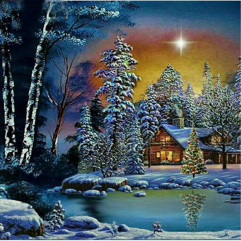 5D Diy Painting landscape Paint with round diamonds Rhinestones pictures Diamant Embroidery trees &house in snow FR699