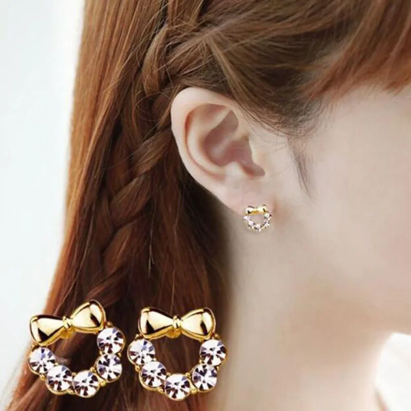 fashion cute bowknot full of rhinestone clip on earring cushions earrings for girls baby without pierced ear clip korea style