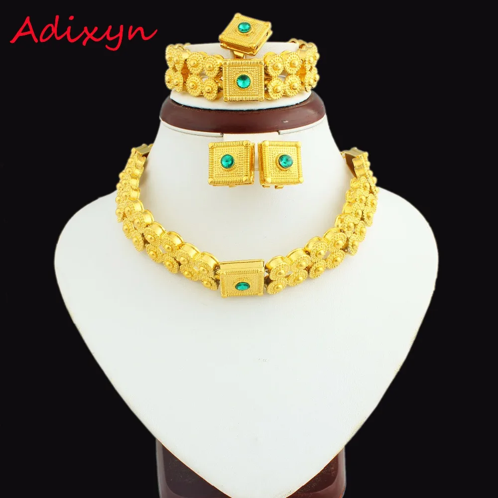 

New Green Stone Ethiopian Set Jewelry 24K Gold Color Necklace/Earring/Ring/Bracelet Jewellery Set For Eritrea African Women