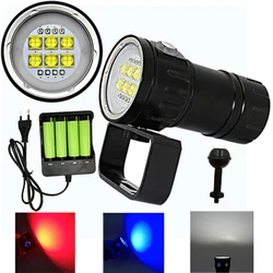 Linterna de buceo subacuática, luz LED para fotografía y vídeo, 100m, 6x9090, 20000LM, lámpara táctica impermeable + 4x18650 + cargador