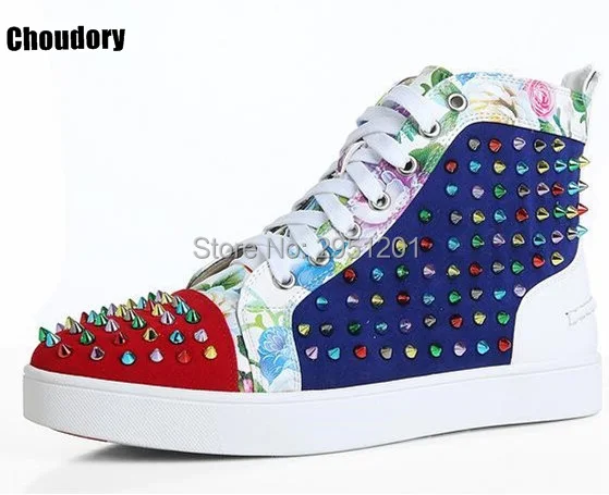 

Brand Designers Gold Spikes Studded Rivets High Top Men Red Black Flats Casual Shoes Men Lace Up Trainers Shoes