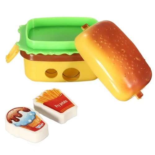 1Pc Cute Hamburger Pencil Sharpener with Two Rubbers Erasers Student Stationery