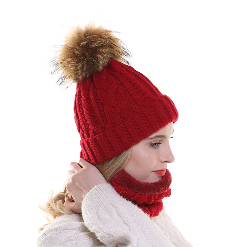 2023 Women Hat Warm Velvet Fleece Inside Beanie Winter Hats For Women Real Fur Pompom Hat Twist Knitted Cap