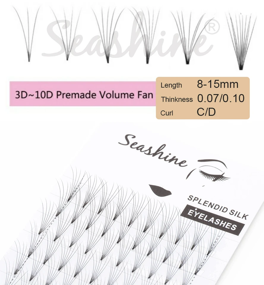 Seashine Handmade Russian Volume Lash Extension 8- 18mm Short Stem Wide Fans Premade Fans Eyelash Extension 3D-6D Free Shipping