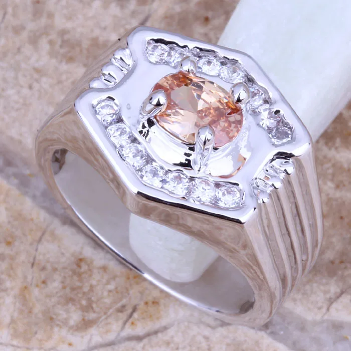 Delightful Champagne Morganite White CZ Silver Plated Fashion Ring Size 6 / 7 / 8 / 9 E146