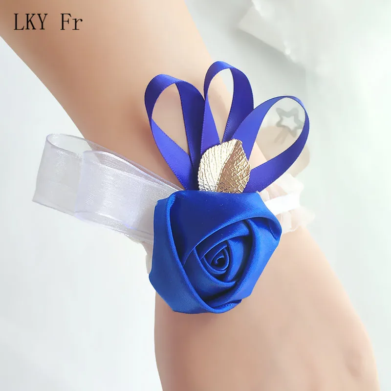 Lky FR Pergelangan Tangan Korsase Pernikahan Korsase Gelang Pita Bunga Manset Gelang Bridesmaid Bridal Korsase Pernikahan Gelang untuk Wanita