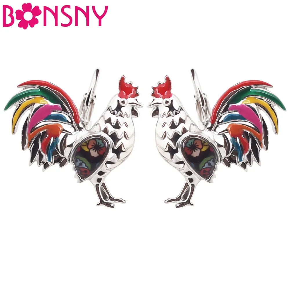 

Bonsny Enamel Metal Floral Chicken Rooster Earrings Stud French Clip Alloy Farm Animal Jewelry For Girls Women Teens Decoration