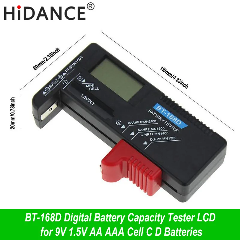 HiDANCE-probador de capacidad de batería Digital portátil, dispositivo LCD para voltaje de 9V, 1,5 V, pilas AA, AAA, C, D, BT-168D