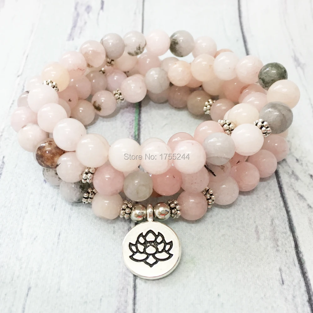 MG0476 Hot Sale 8 mm Rose Stone 108 Mala Bracelet Lotus Chakra Yoga Women`s Necklace Spiritual Practice Jewelry