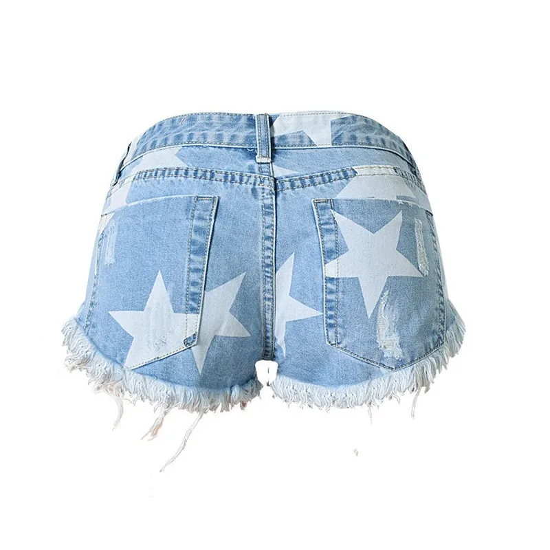 El barco-shorts jeans curtos com estampa de estrelas para mulheres, shorts sexy de algodão, com bolsos, azul claro, moda, verão