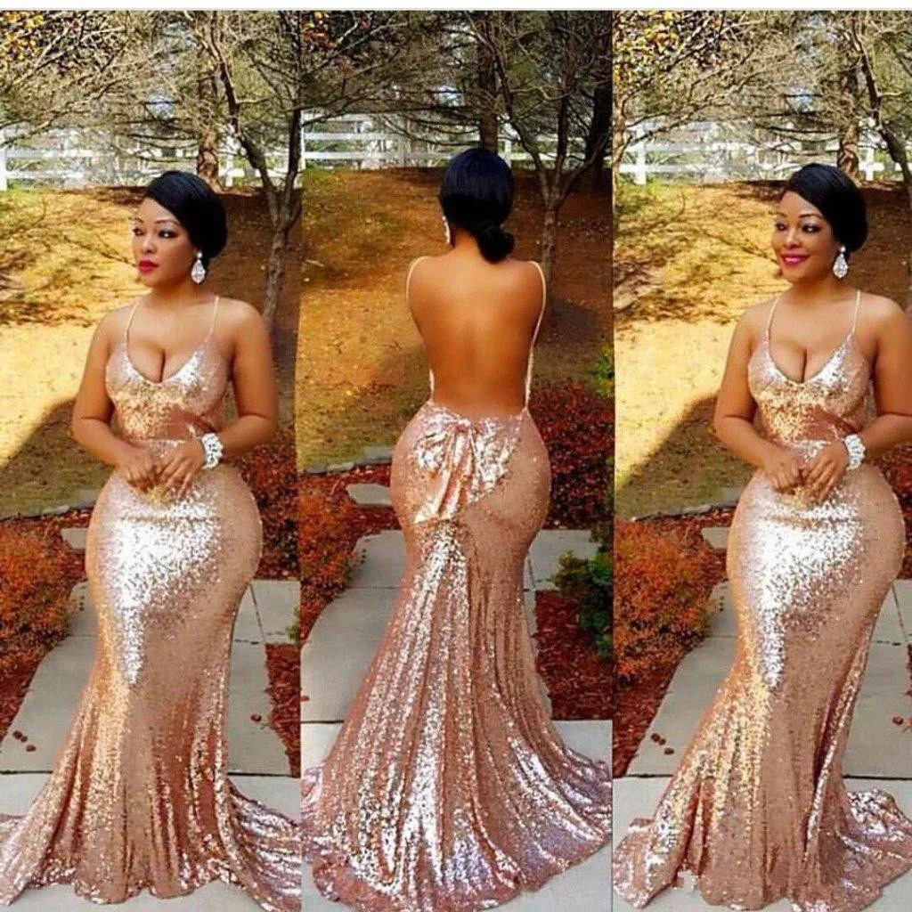 2019 New Gold Faísca Lantejoulas Sexy Low-cut Spaghetti Vestidos de Baile Sereia Champagne Vestido De Noite Sem Encosto Frete Grátis com B