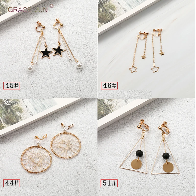 GRACE JUN Korea Style Clip on Earrings Without Pierced for Women Charm Long Star Fan Circle Geometric Tassel Screw Cuff Earrings