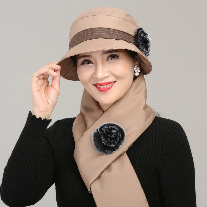 Frauen Fisherman Hut Herbst Winter Mittleren Alters Weibliche Elegante Warme Kappe Mutter Weihnachten Geschenk Hüte Weichen Bequemen Schal H7168