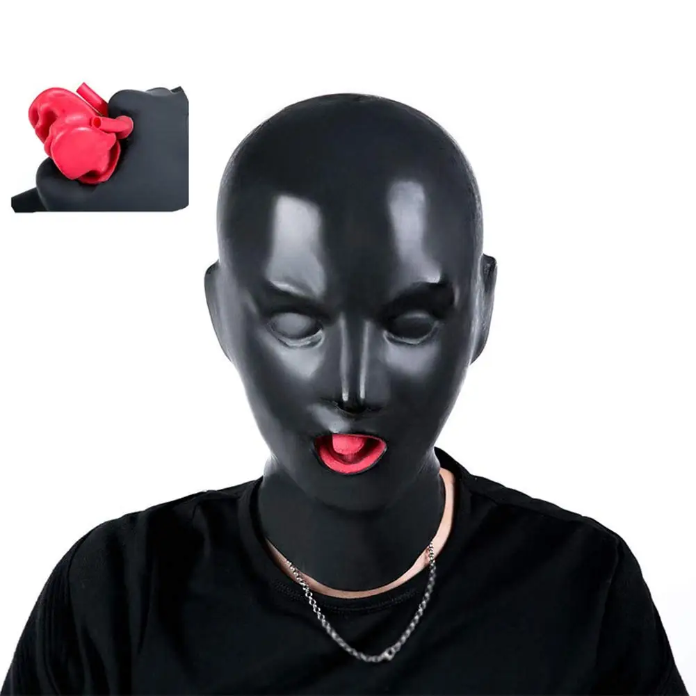 

Latex Anatomical 3D Mask W Ears Black W Red Mouth Gags Lip Facing Sheath Tongue Hood with Red Mouth Teeth Nose Tube