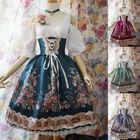 Vestido de talla grande para mujer, vestido de estilo gótico Lolita con hombros descubiertos, estampado Vintage, manga abombada, estilo vendaje