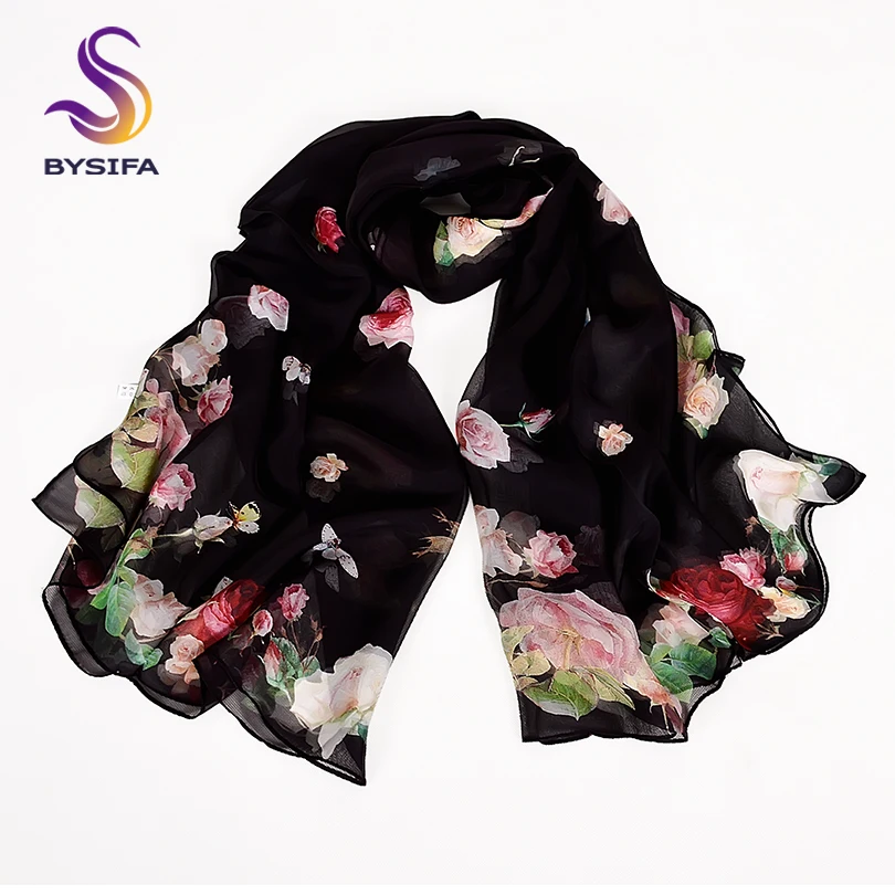 [BYSIFA] Black Roses Silk Scarf Shawl Women Spring Autumn Floral Design Long Scarves 2018 New Brand 100% Scarf Foulard 180*110cm