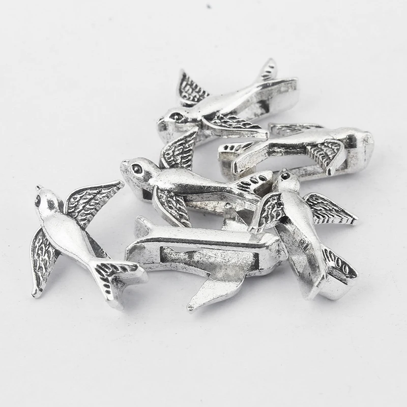 10Pcs Tibetan Silver Bronze Bird Swallow Shape Slide Spacer Beads For 11x2mm Flat Leather DIY Bracelet Jewelry Making