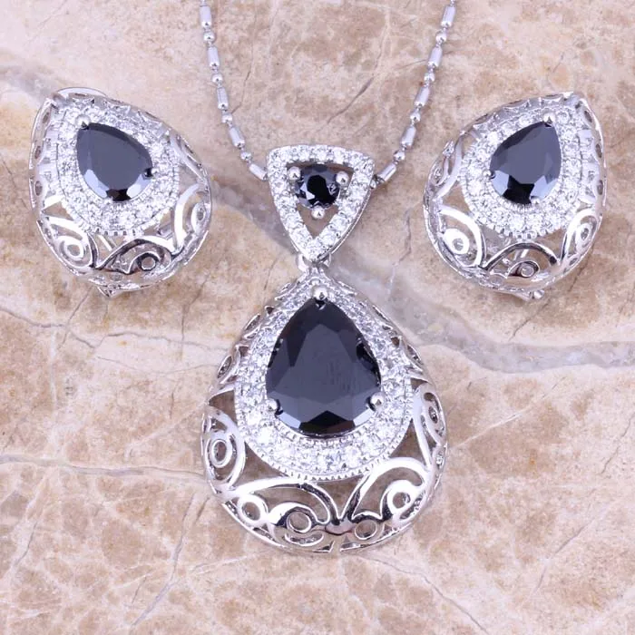 Pleasant Black Cubic Zirconia White CZ Silver Plated Earrings Pendant Necklace Jewelry Sets S0739