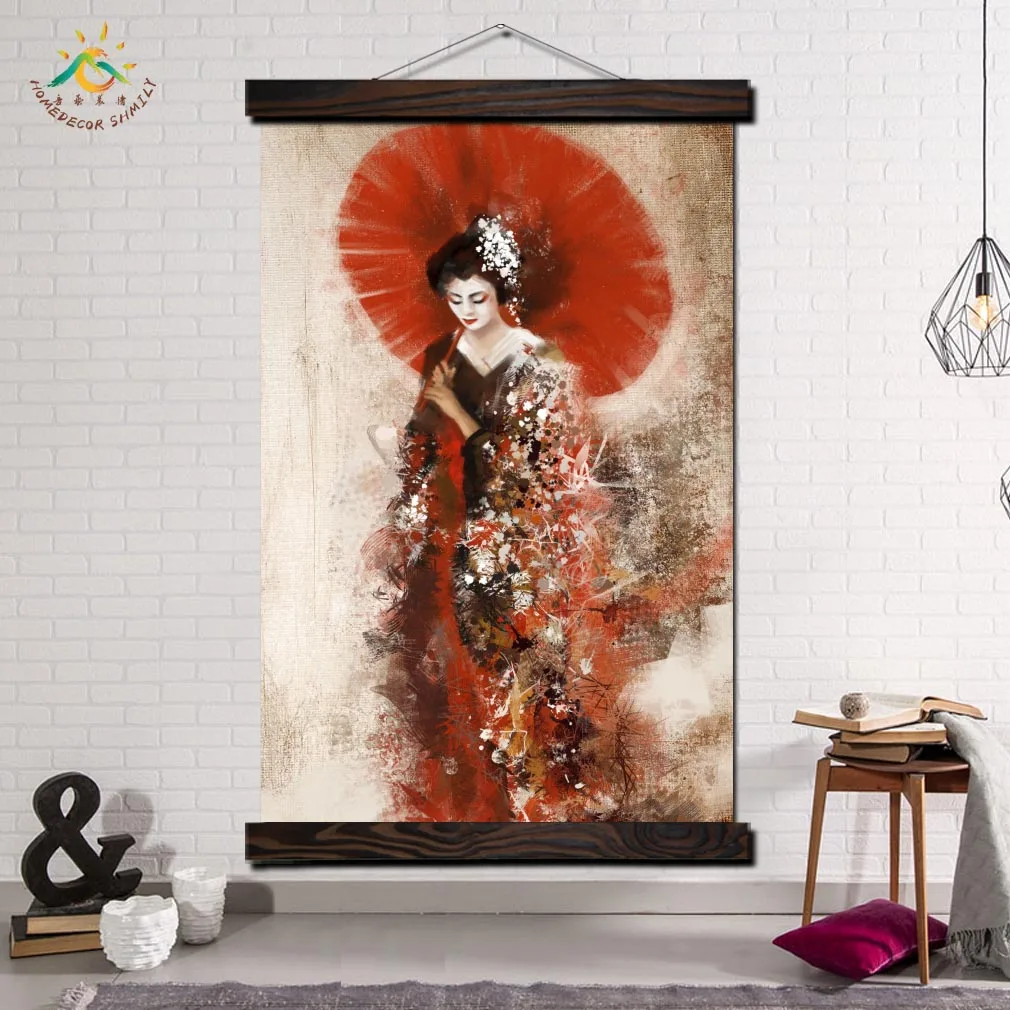 Japanese Geisha Wall Art Canvas Prints Frame Scroll Painting Hanging Poster Decorative Picture for Living Room