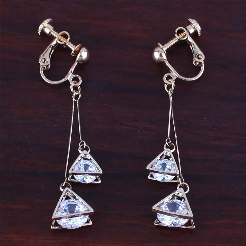 2017 New Style Fashion Double Triangle CZ Clip on Earrings Non  Piercing for Women Party Luxury Cute Long Earrings Not Allergy