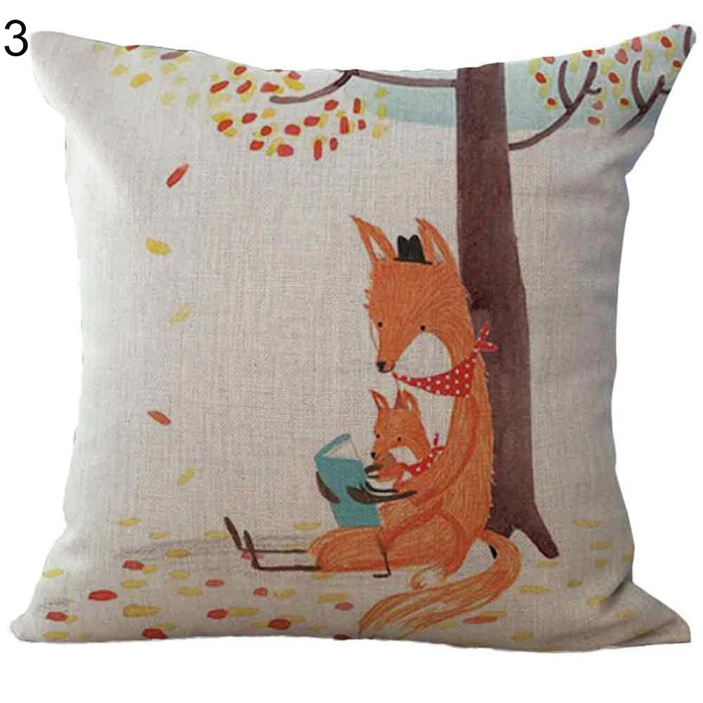 Cartoon Fox Pattern Linen Cushion Case Throw Pillow Cover Home Decration 45x45cm