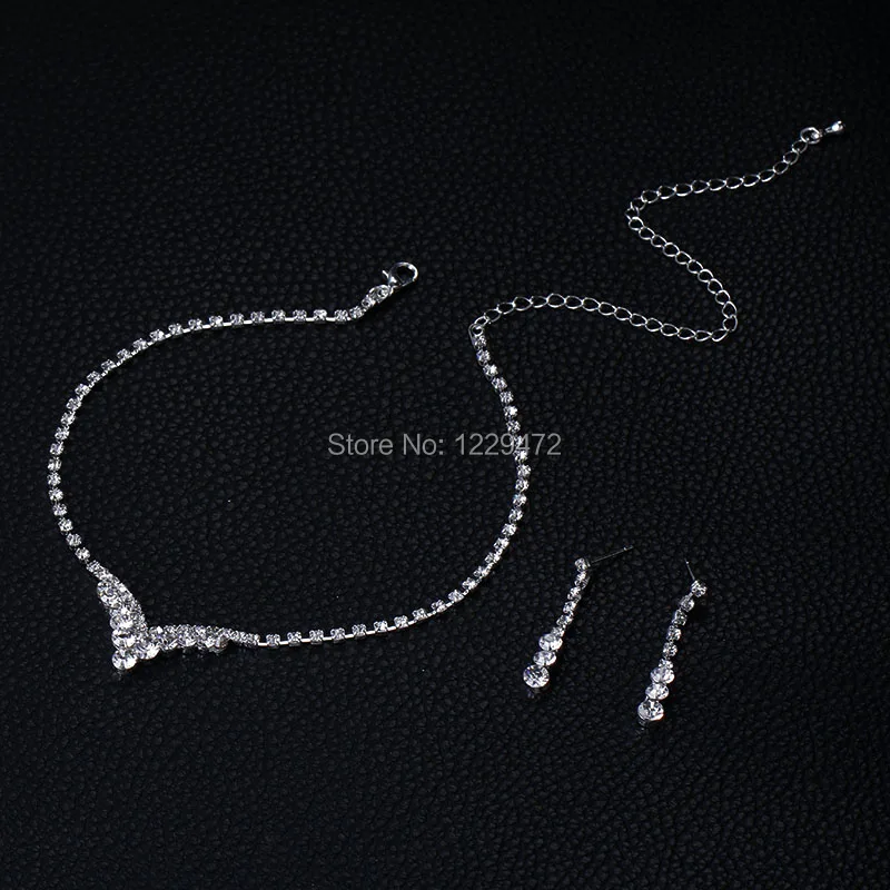TREAZY Fashion V Shape Rhinestone Crystal Wedding Bridal Jewelry Set Silver Color Necklace Earrings Set For Women Accessories