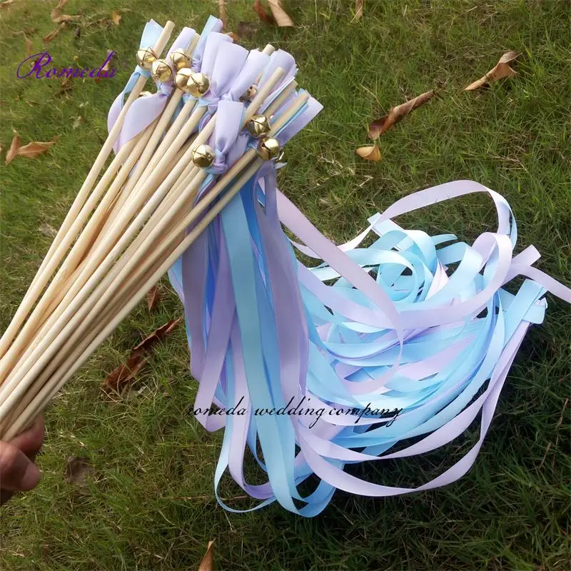 Newest 50pcs/lot light purple and light blue stain ribbon  wedding wands stick Streamers  With  big gold Bells for wedding