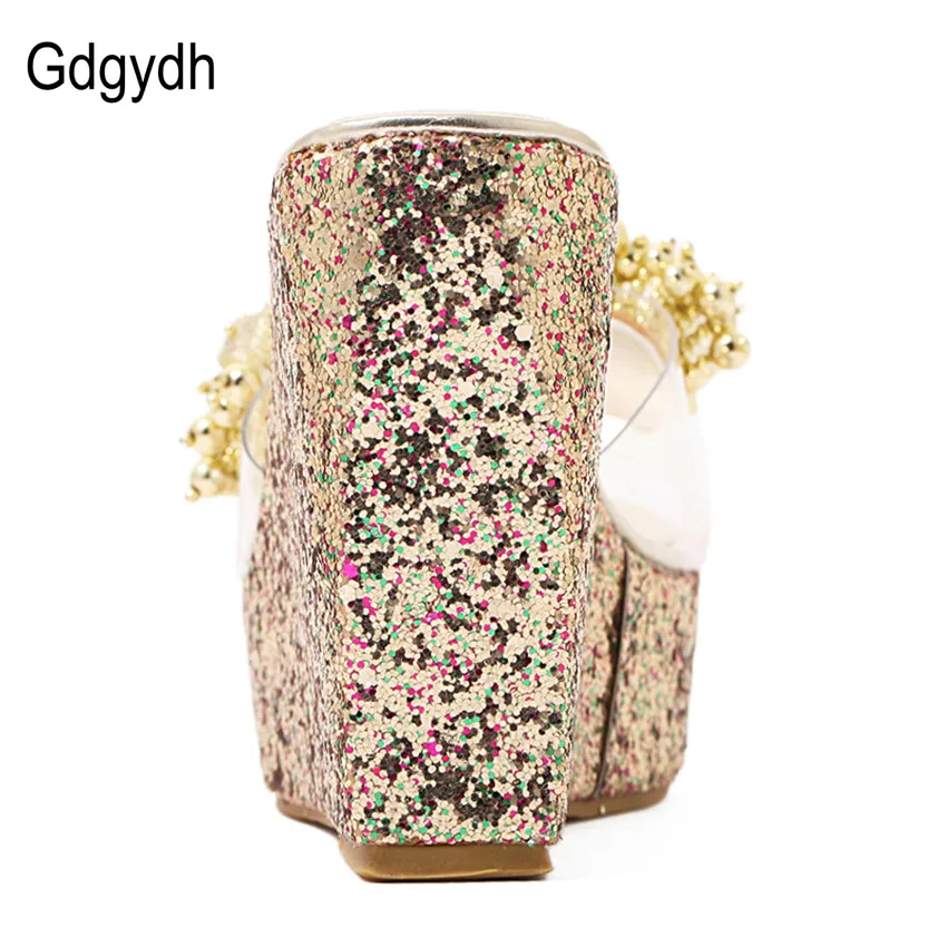 Gdgydh sandali con zeppa di strass donna estate Sexy ciabatte con perline Casual Open Toe sandali femminili scarpe con plateau