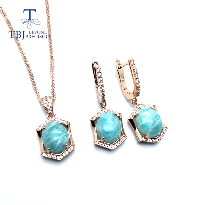 TBJ,jewelry set with natural amazonite pendant earring 925 sterling silver rose gold for women daily wear