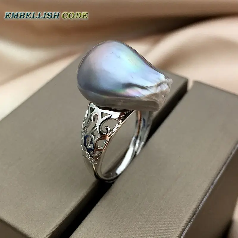 

Adjustable size Resize baroque pearl 925 silver Ring simple classical gray Lustrous tissue nucleated fire ball flameball women