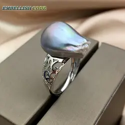 Adjustable size Resize baroque pearl 925 silver Ring simple classical gray Lustrous tissue nucleated fire ball flameball  women