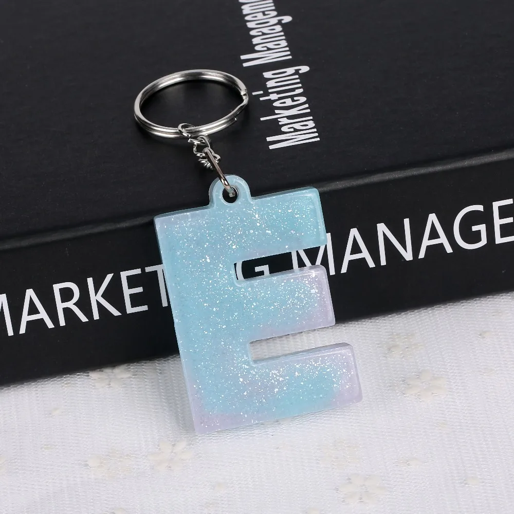 1PC KEYRING pink/blue English word English Letter Keychain  glitter resin A TO Q handbag charms for woman