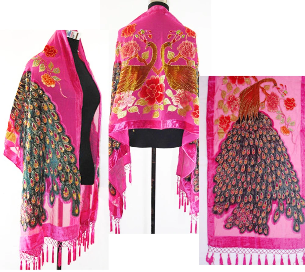 Hot Sale Women\'s Handbeaded Rectangle Silk Velvet Shawl/Scarf Peacocks SH-0011