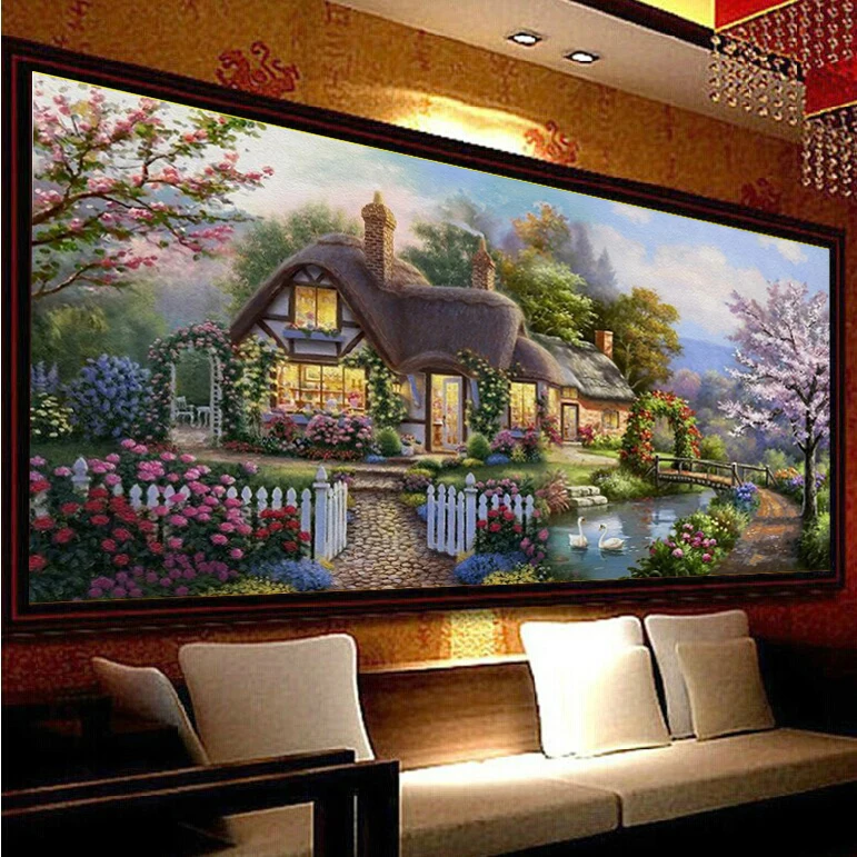 Needlework,DMC Cross stitch,Sets For Full Embroidery kit,Garden Cottage Dream House Landscape Pattern Cross-Stitching Home Decro